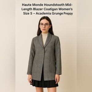 Haute Monde Houndstooth Mid Length Blazer Coatagian Academia Norm Preppy Mature